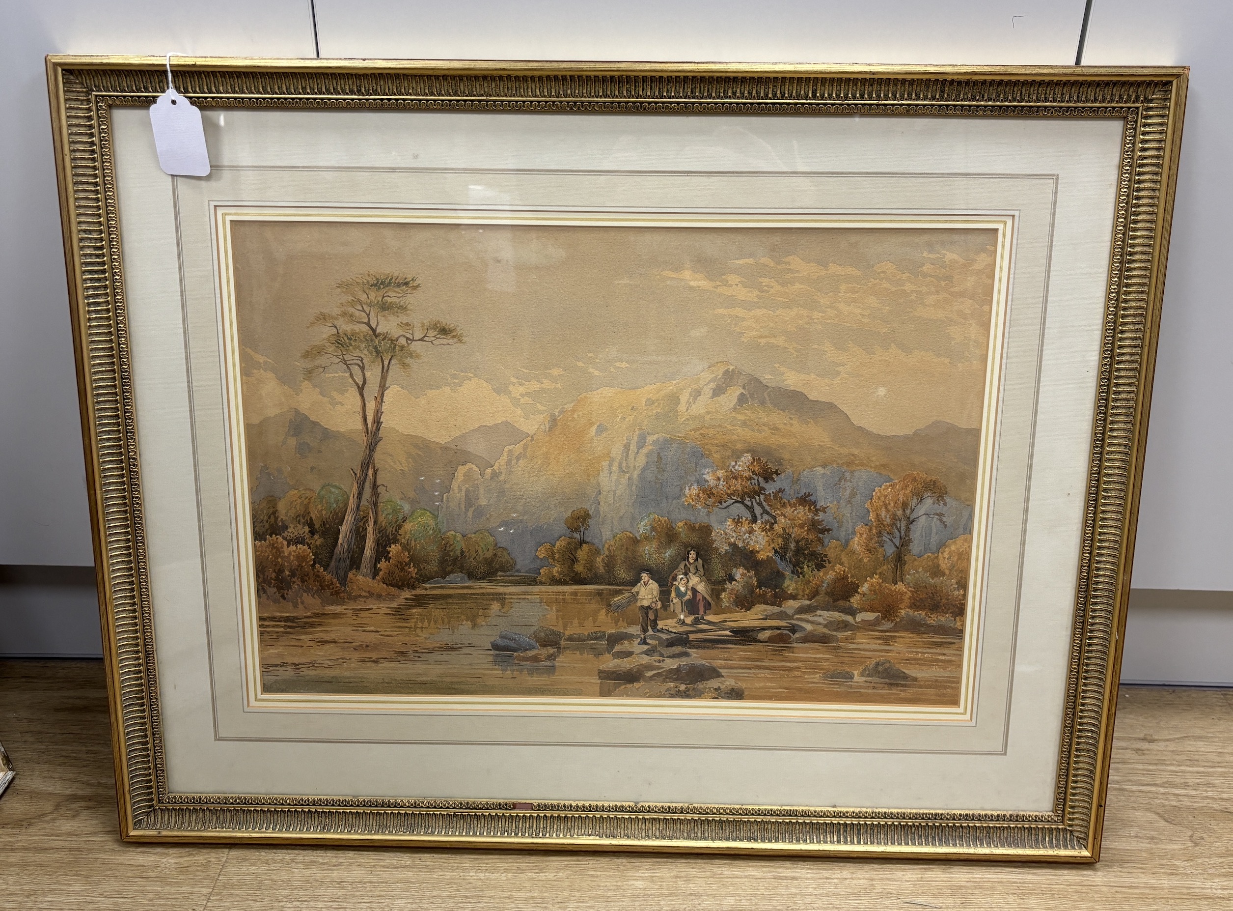 19th century English School, watercolour, Mountainous river landscape with figures, 36 x 51cm, unsigned